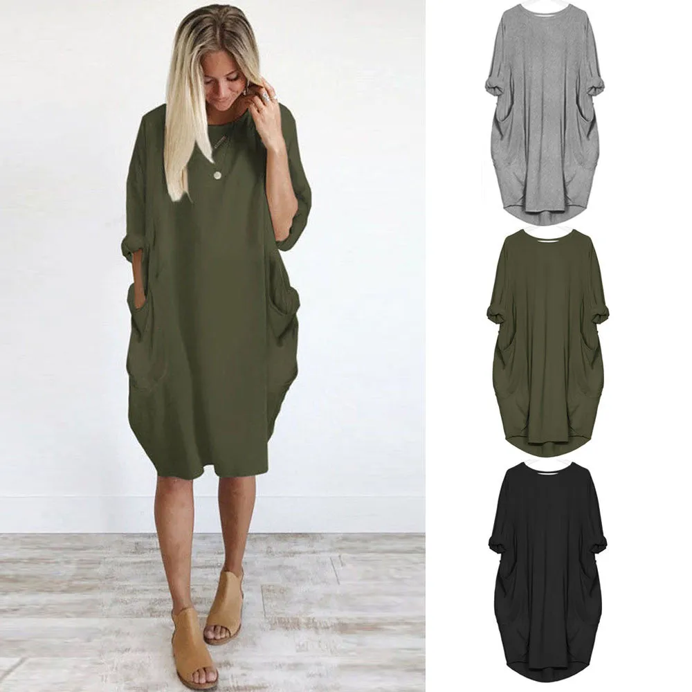 2018 hot sale Women Casual Dress Pocket Loose Long Sleeve Irregular Dress Ladies Crew Neck Casual Long Tops Dress Plus Size