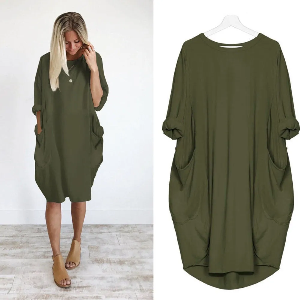 2018 hot sale Women Casual Dress Pocket Loose Long Sleeve Irregular Dress Ladies Crew Neck Casual Long Tops Dress Plus Size