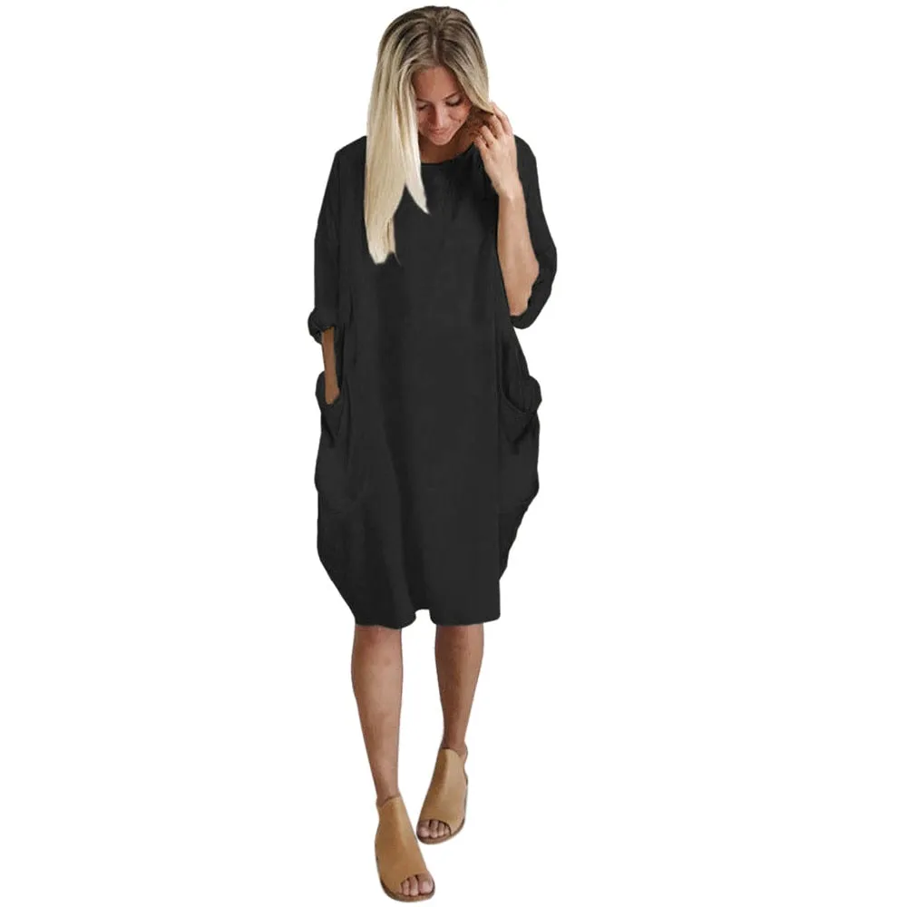 2018 hot sale Women Casual Dress Pocket Loose Long Sleeve Irregular Dress Ladies Crew Neck Casual Long Tops Dress Plus Size