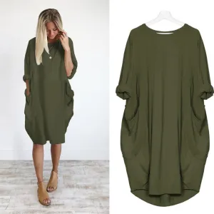 2018 hot sale Women Casual Dress Pocket Loose Long Sleeve Irregular Dress Ladies Crew Neck Casual Long Tops Dress Plus Size