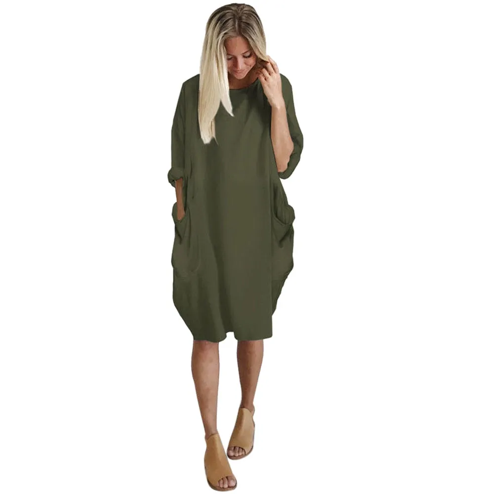 2018 hot sale Women Casual Dress Pocket Loose Long Sleeve Irregular Dress Ladies Crew Neck Casual Long Tops Dress Plus Size