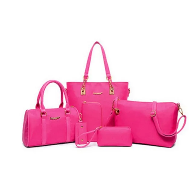 6 Pcs / Set Fashion Women Composite Bags PU Leather Diamond Lattice Print Women Handbag Shoulder Bag Wallets Purse Key Bag Set