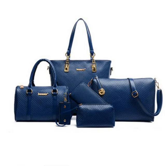 6 Pcs / Set Fashion Women Composite Bags PU Leather Diamond Lattice Print Women Handbag Shoulder Bag Wallets Purse Key Bag Set