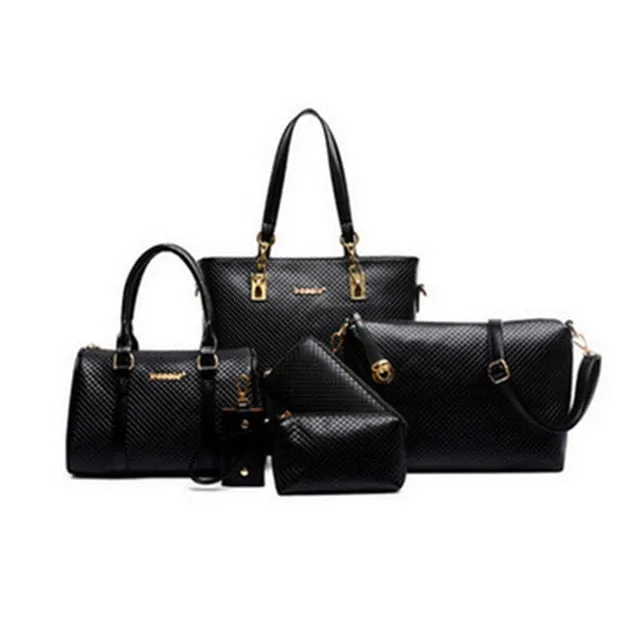 6 Pcs / Set Fashion Women Composite Bags PU Leather Diamond Lattice Print Women Handbag Shoulder Bag Wallets Purse Key Bag Set