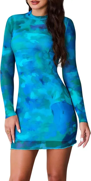 ABMOIU Sexy Print Long Sleeve Mini Dress for Women Bodycon Mock Neck 2 Piece Party Club Dresses