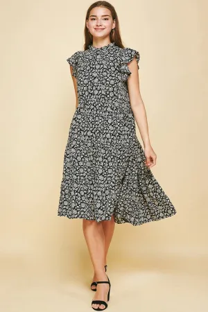 Black/White Floral Print Midi Tiered Dress