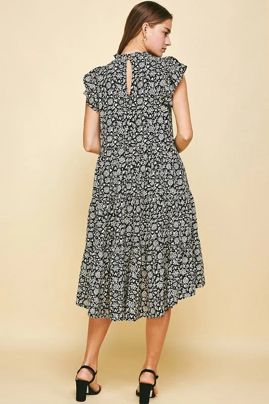Black/White Floral Print Midi Tiered Dress