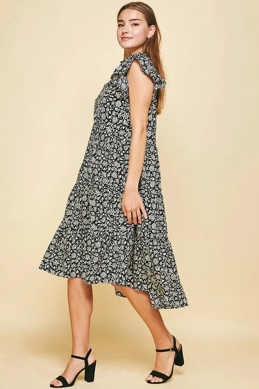 Black/White Floral Print Midi Tiered Dress