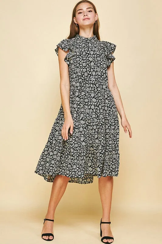 Black/White Floral Print Midi Tiered Dress