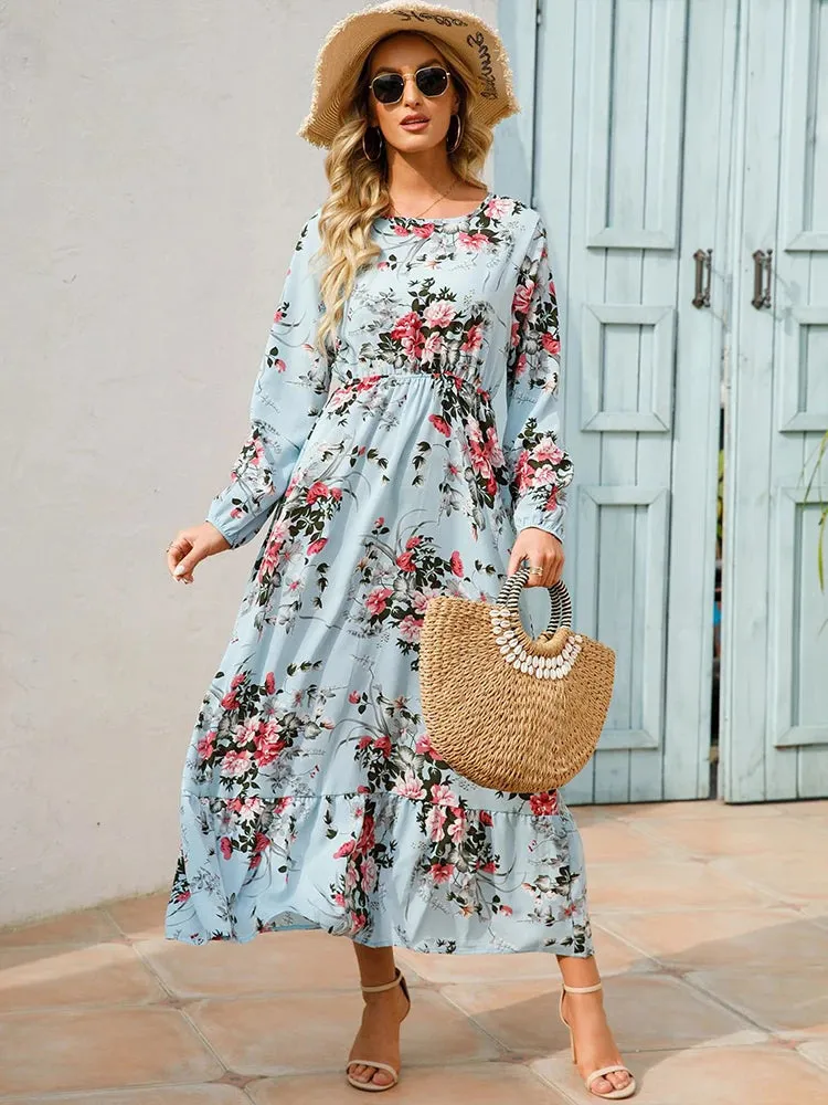 Bohemian A-Line Chiffon Dress with Puff Sleeves