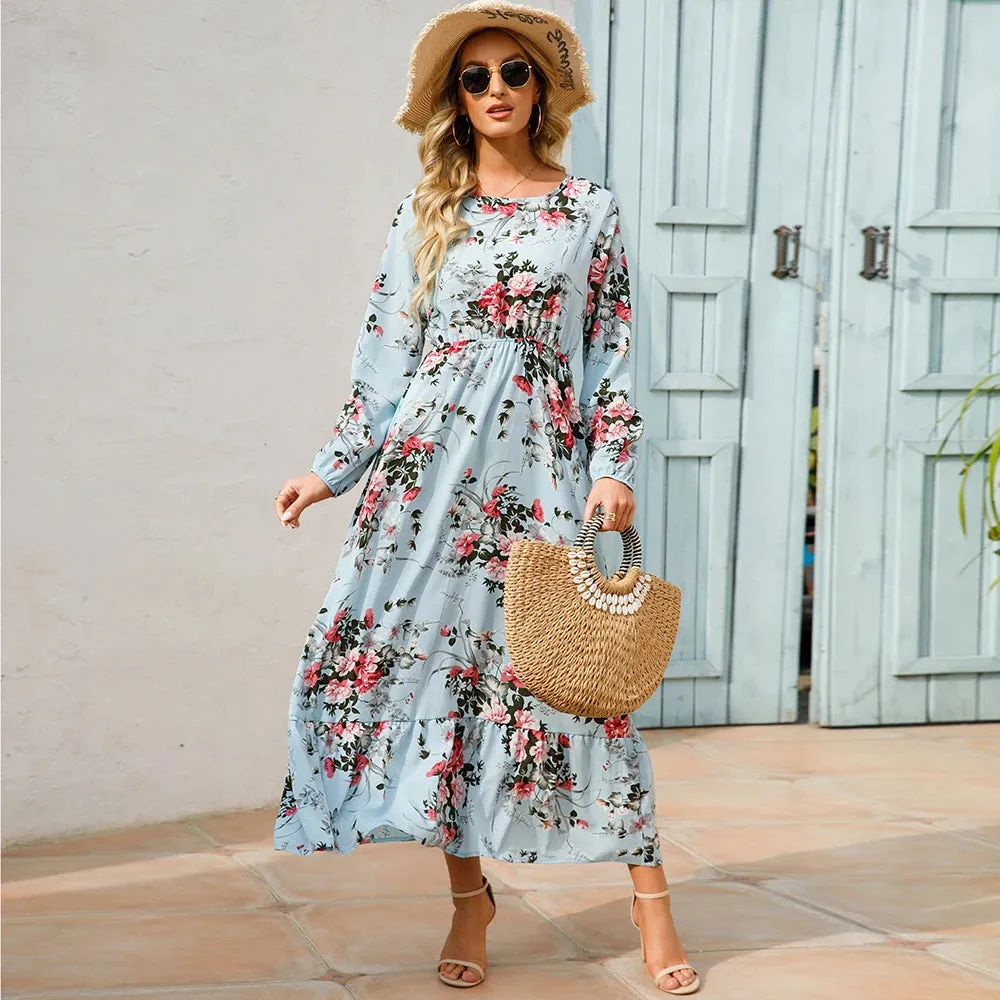 Bohemian A-Line Chiffon Dress with Puff Sleeves
