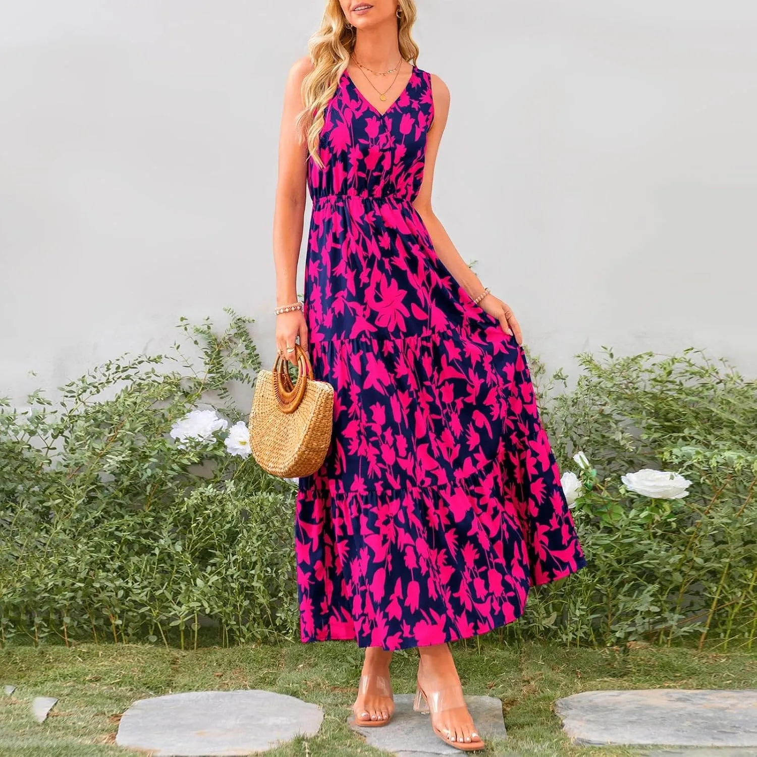 Boho Dresses for Women 2025 Summer Casual Flowy Floral Sleeveless Wrap Empire Waist Pleated Beach A Line Maxi Dresses