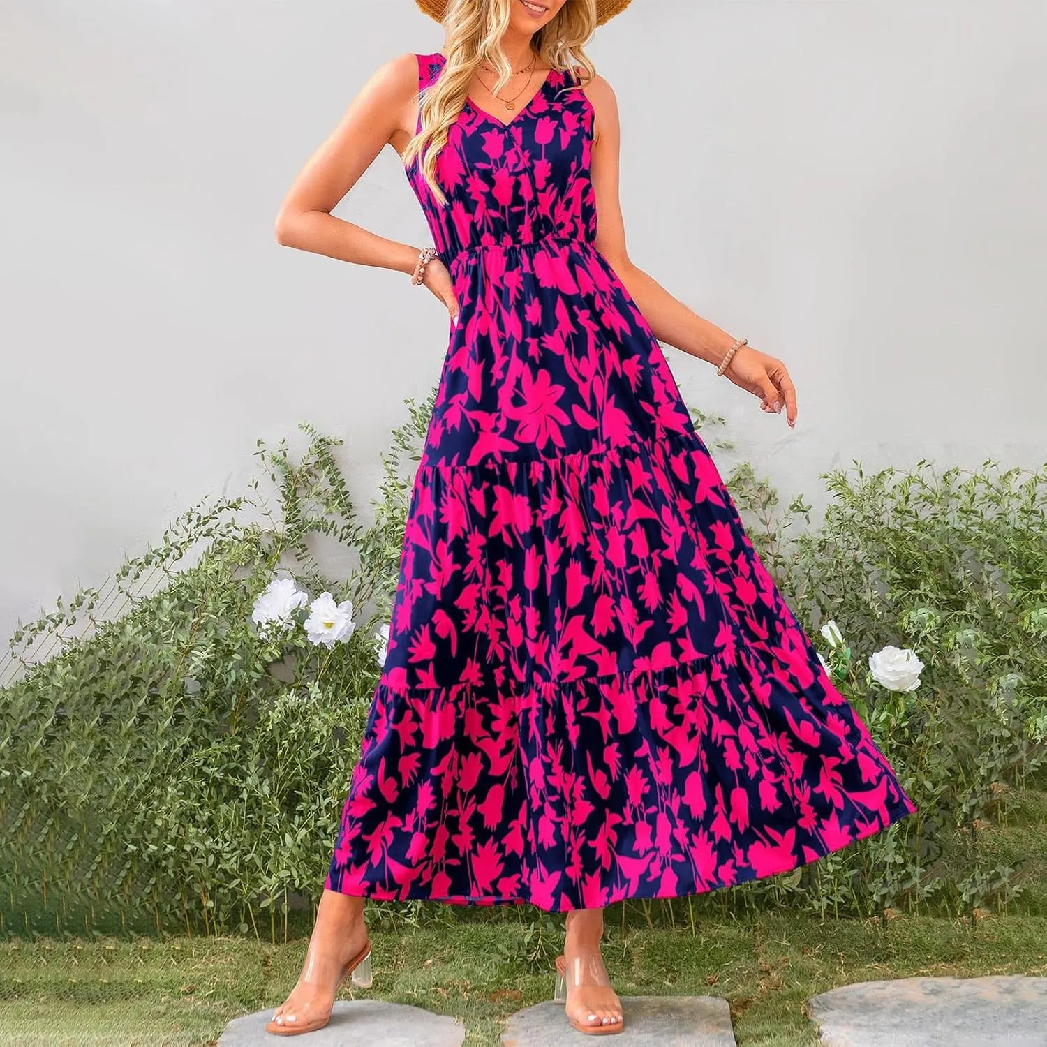 Boho Dresses for Women 2025 Summer Casual Flowy Floral Sleeveless Wrap Empire Waist Pleated Beach A Line Maxi Dresses