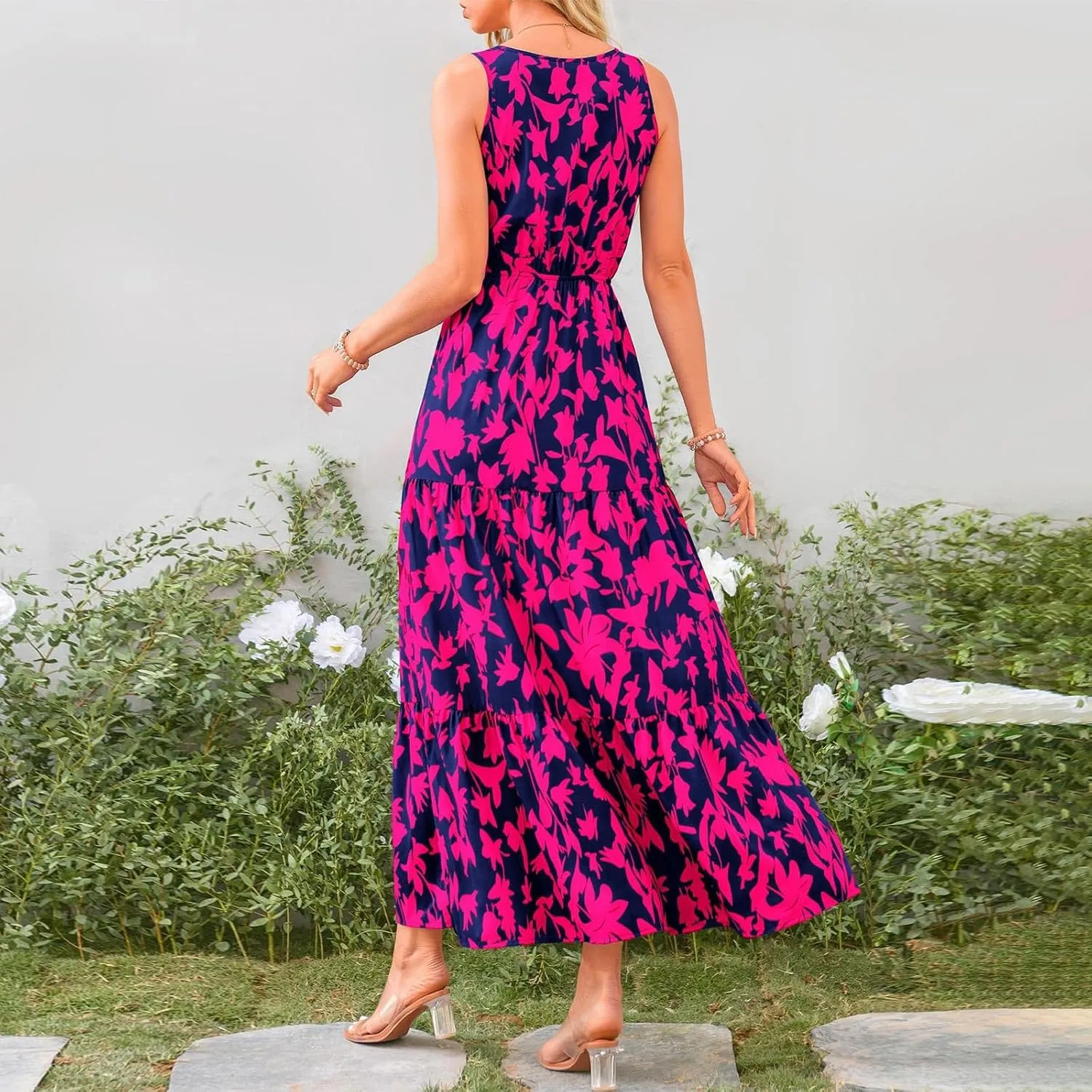 Boho Dresses for Women 2025 Summer Casual Flowy Floral Sleeveless Wrap Empire Waist Pleated Beach A Line Maxi Dresses