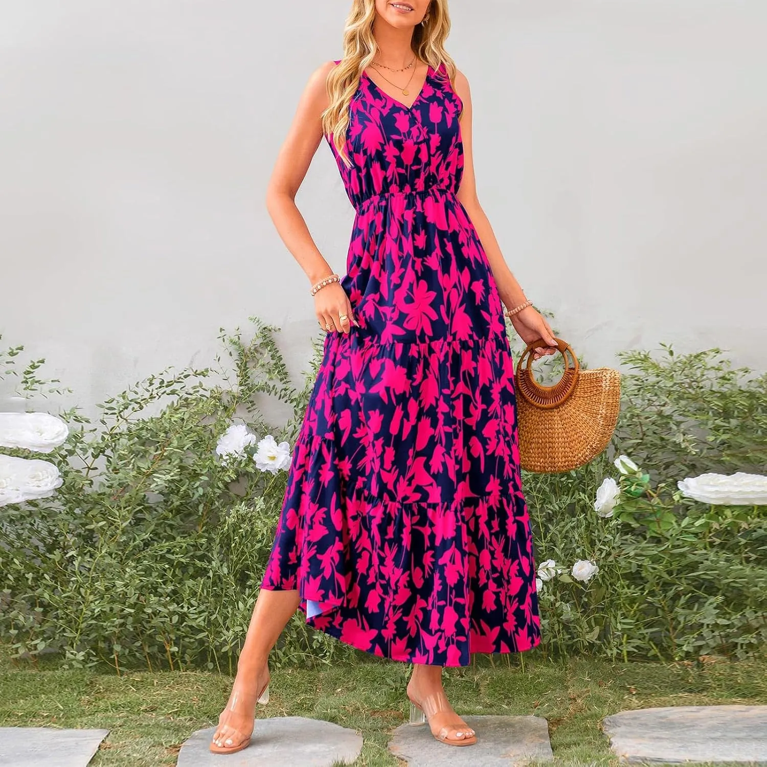 Boho Dresses for Women 2025 Summer Casual Flowy Floral Sleeveless Wrap Empire Waist Pleated Beach A Line Maxi Dresses