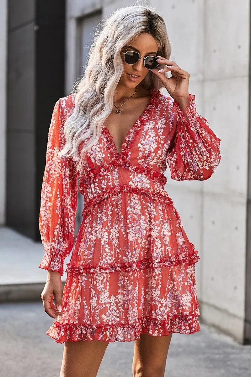 Boho Floral Ruffle Backless Dress
