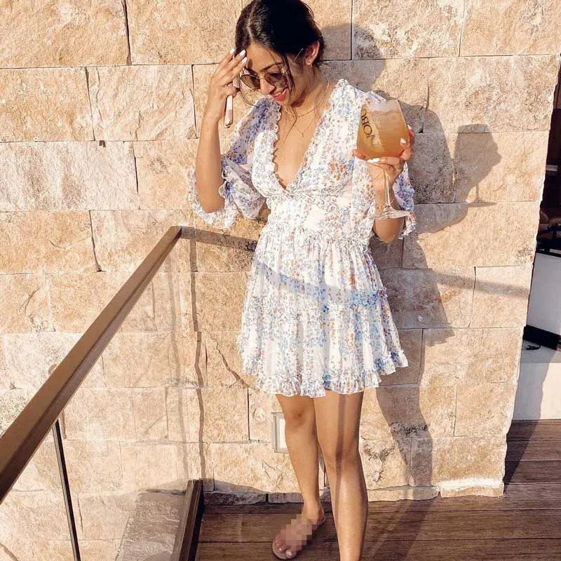 Boho Floral Ruffle Backless Dress