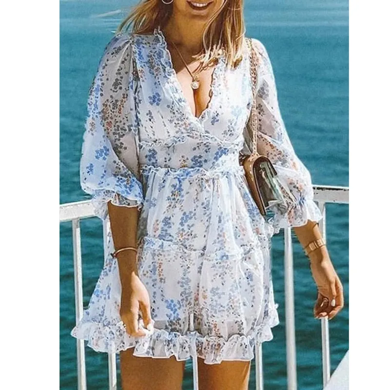 Boho Floral Ruffle Backless Dress