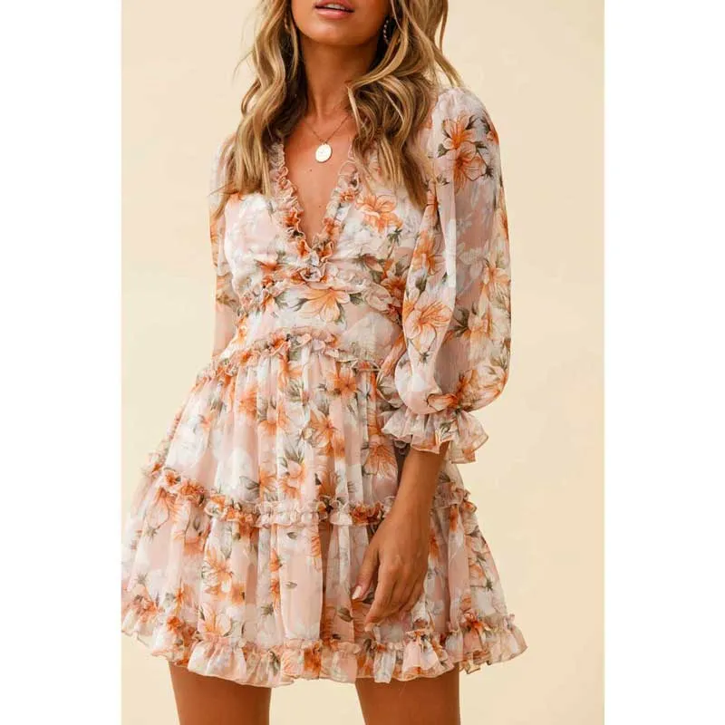 Boho Floral Ruffle Backless Dress