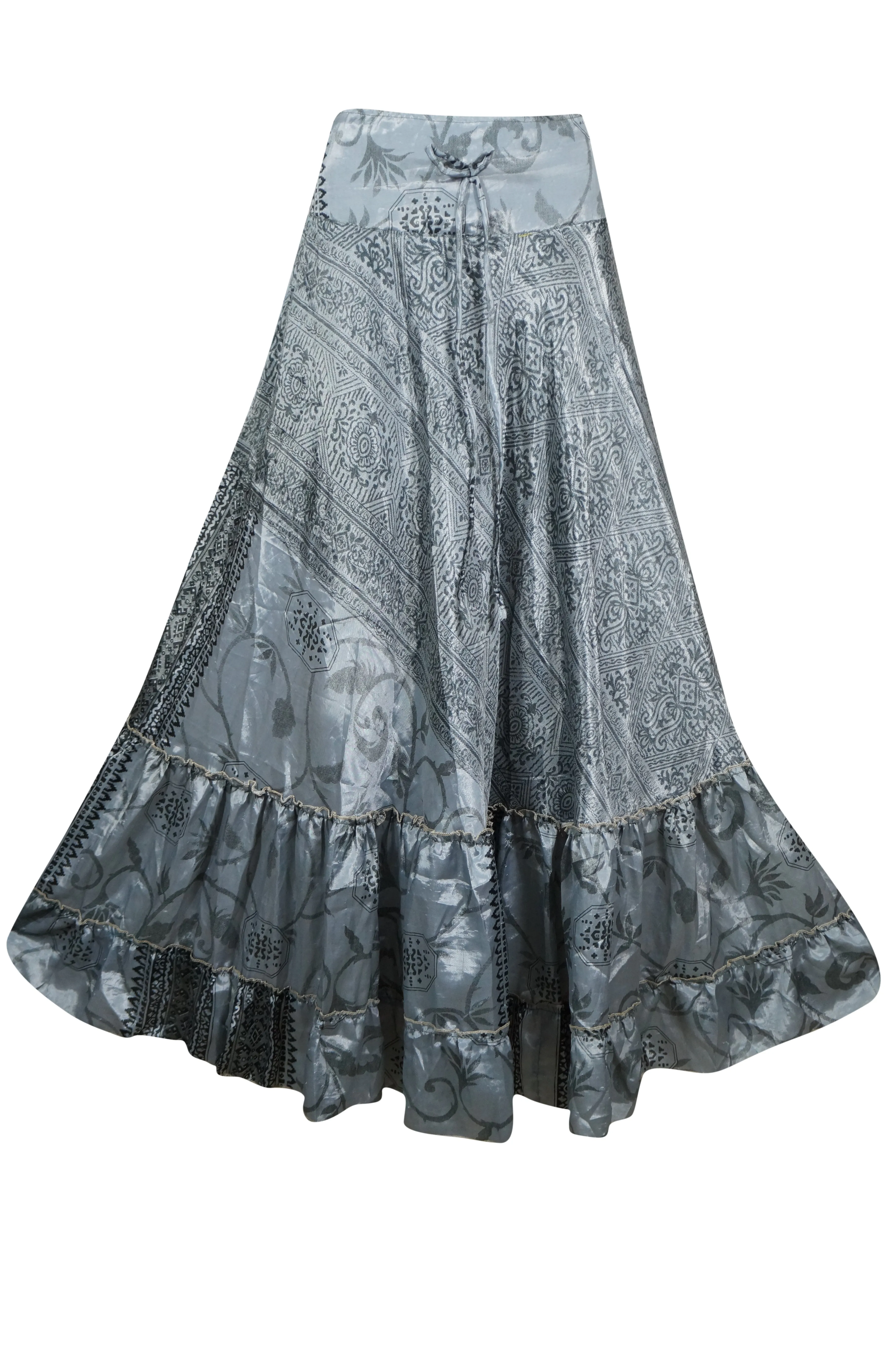 Boho Summer Maxi Skirts for Women Gray Flowy Handmade Skirt ML