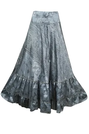 Boho Summer Maxi Skirts for Women Gray Flowy Handmade Skirt ML