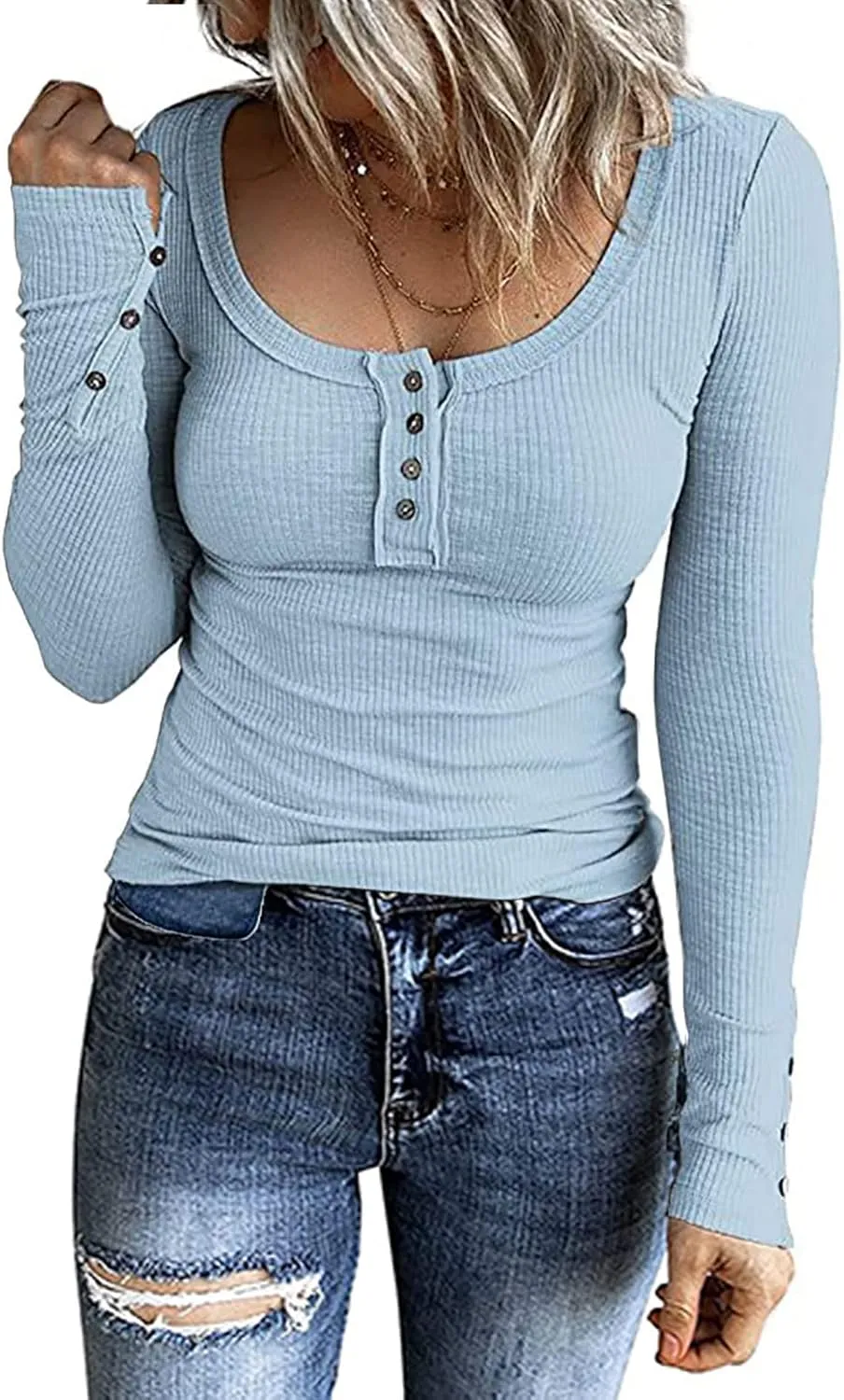 Ceboyel Long Sleeve Shirts for Women Trendy Ribbed Knit Blouses Button Down Henley Tops Fitted Cute Laides Fall Outfits 2023