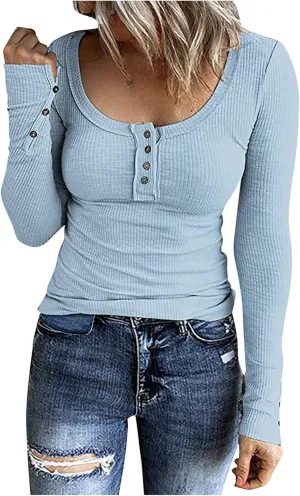 Ceboyel Long Sleeve Shirts for Women Trendy Ribbed Knit Blouses Button Down Henley Tops Fitted Cute Laides Fall Outfits 2023
