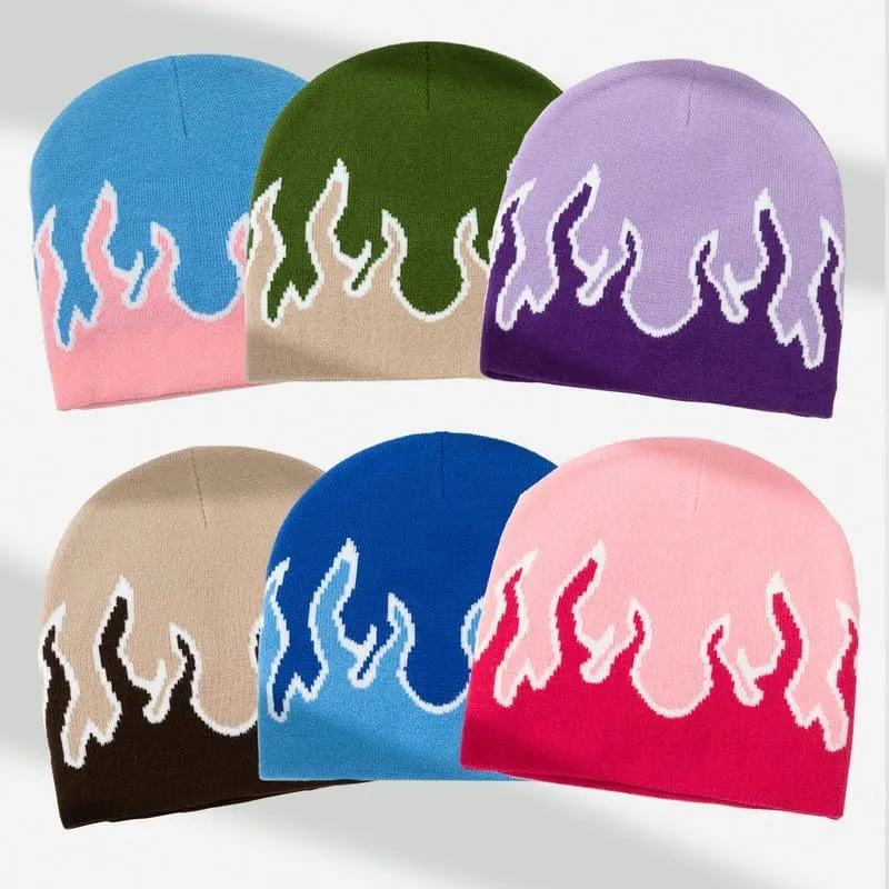 CORIRESHA Women Y2K Flame Beanie Knitted Hats Winter Fall Men Warm Skull Caps