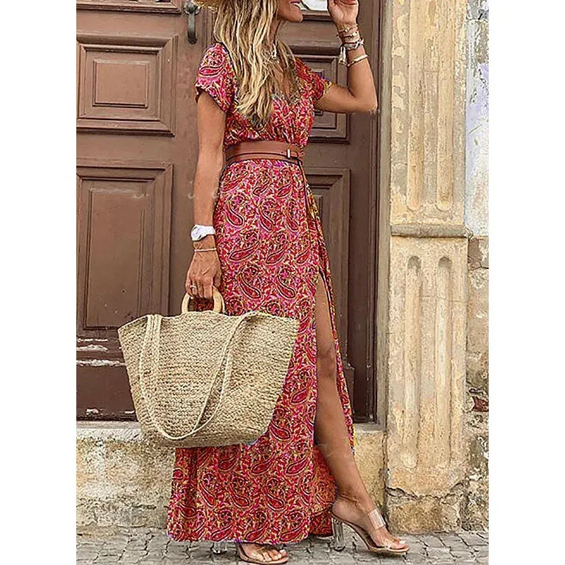 Europe and the United States Hot Fashion Bohemian V-Neck Floral Dress