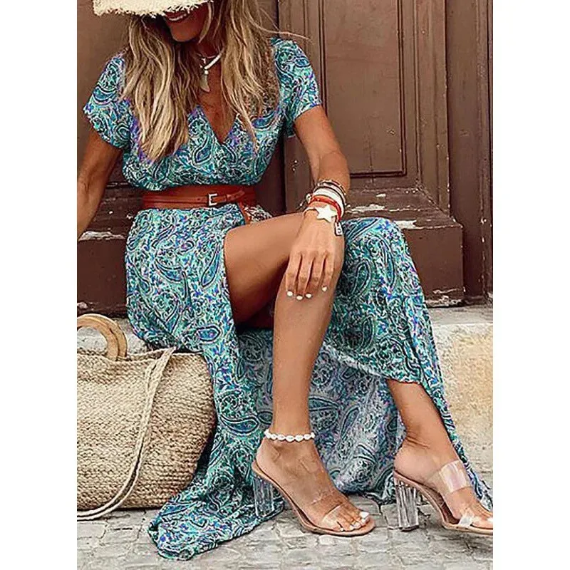 Europe and the United States Hot Fashion Bohemian V-Neck Floral Dress