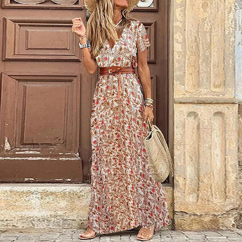 Europe and the United States Hot Fashion Bohemian V-Neck Floral Dress