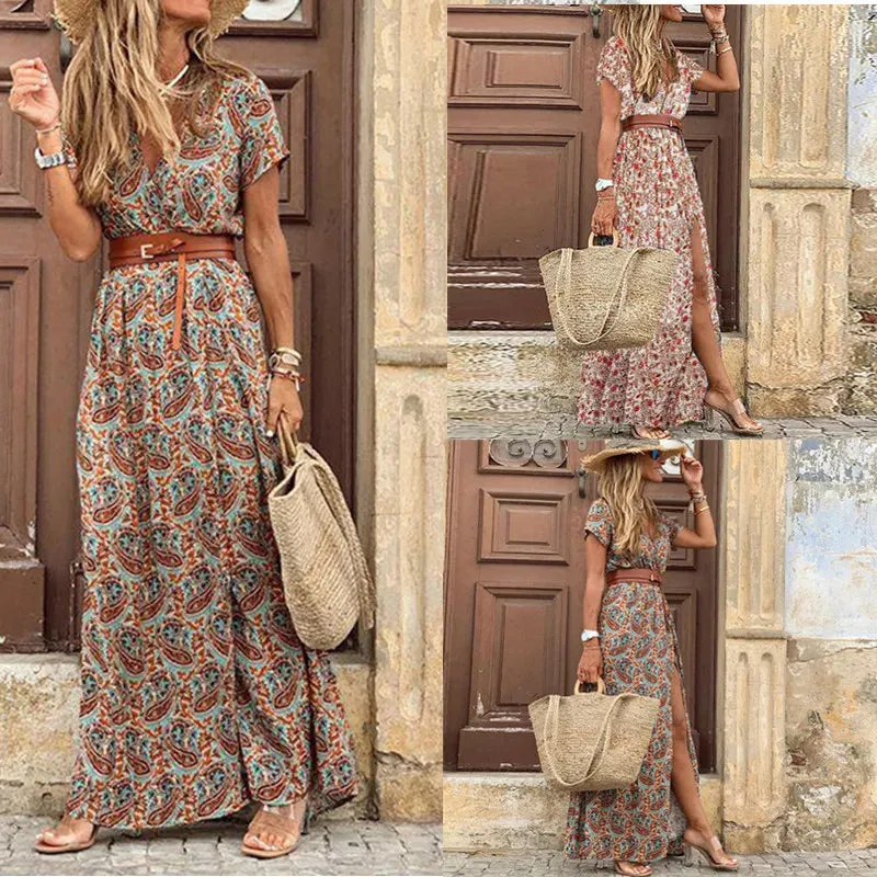 Europe and the United States Hot Fashion Bohemian V-Neck Floral Dress