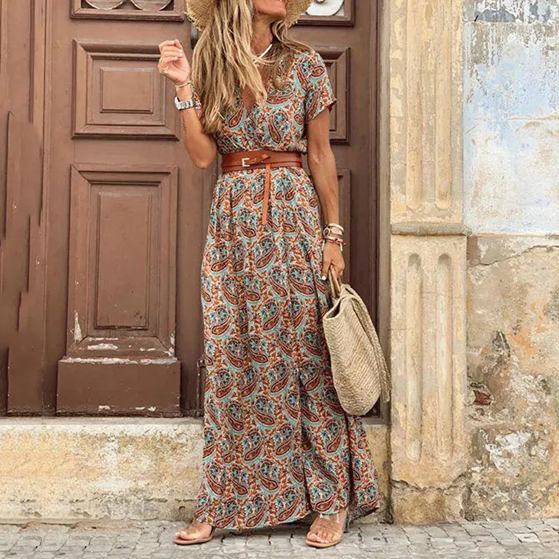 Europe and the United States Hot Fashion Bohemian V-Neck Floral Dress