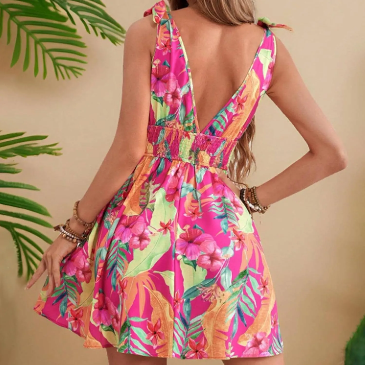 FEORJGP Womens Summer Boho Halter Neck Mini Dress Floral Print Sleeveless Backless Dress Beach Sundress Club Party Beachwear