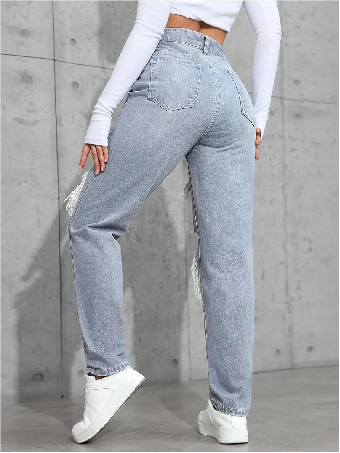 Floerns Women's High Waisted Distressed Jeans Straight Leg Casual Ripped Denim Pants