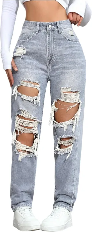Floerns Women's High Waisted Distressed Jeans Straight Leg Casual Ripped Denim Pants