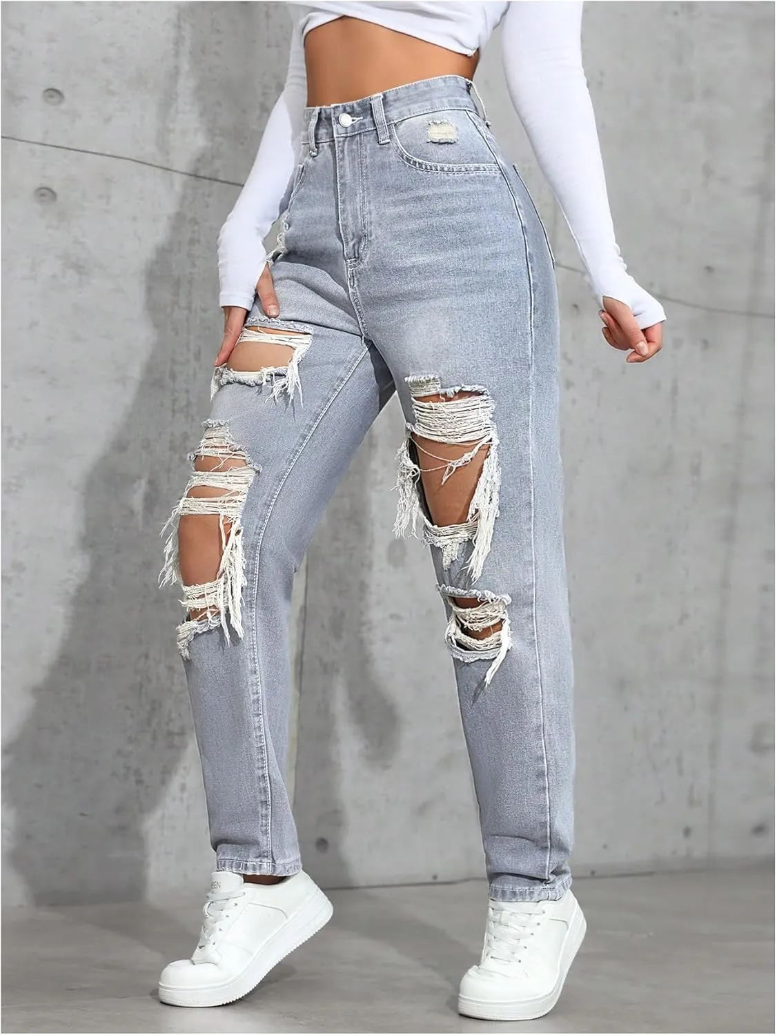 Floerns Women's High Waisted Distressed Jeans Straight Leg Casual Ripped Denim Pants
