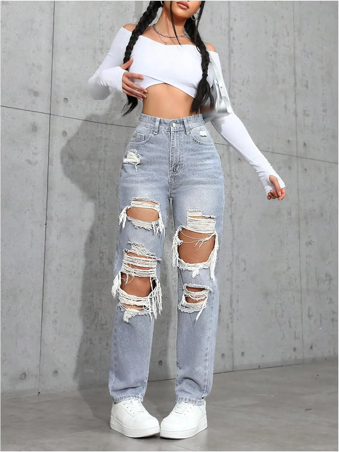 Floerns Women's High Waisted Distressed Jeans Straight Leg Casual Ripped Denim Pants
