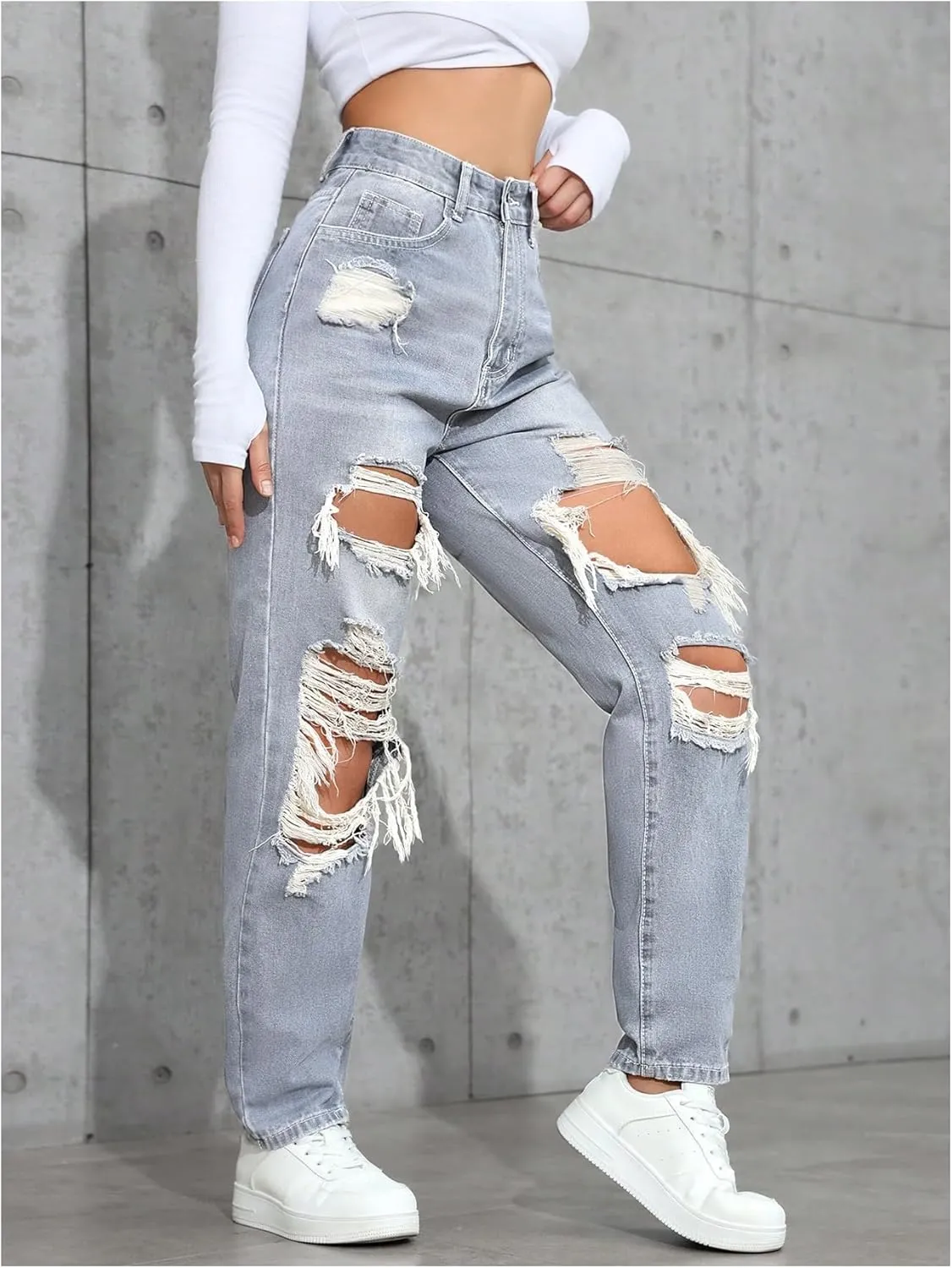 Floerns Women's High Waisted Distressed Jeans Straight Leg Casual Ripped Denim Pants