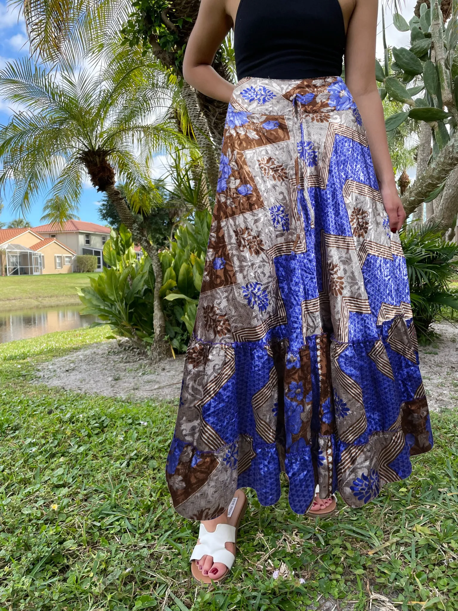 Flowy Skirts for Women Floral Beach Maxi Skirt Tiered Ruffle Boho Skirt ML