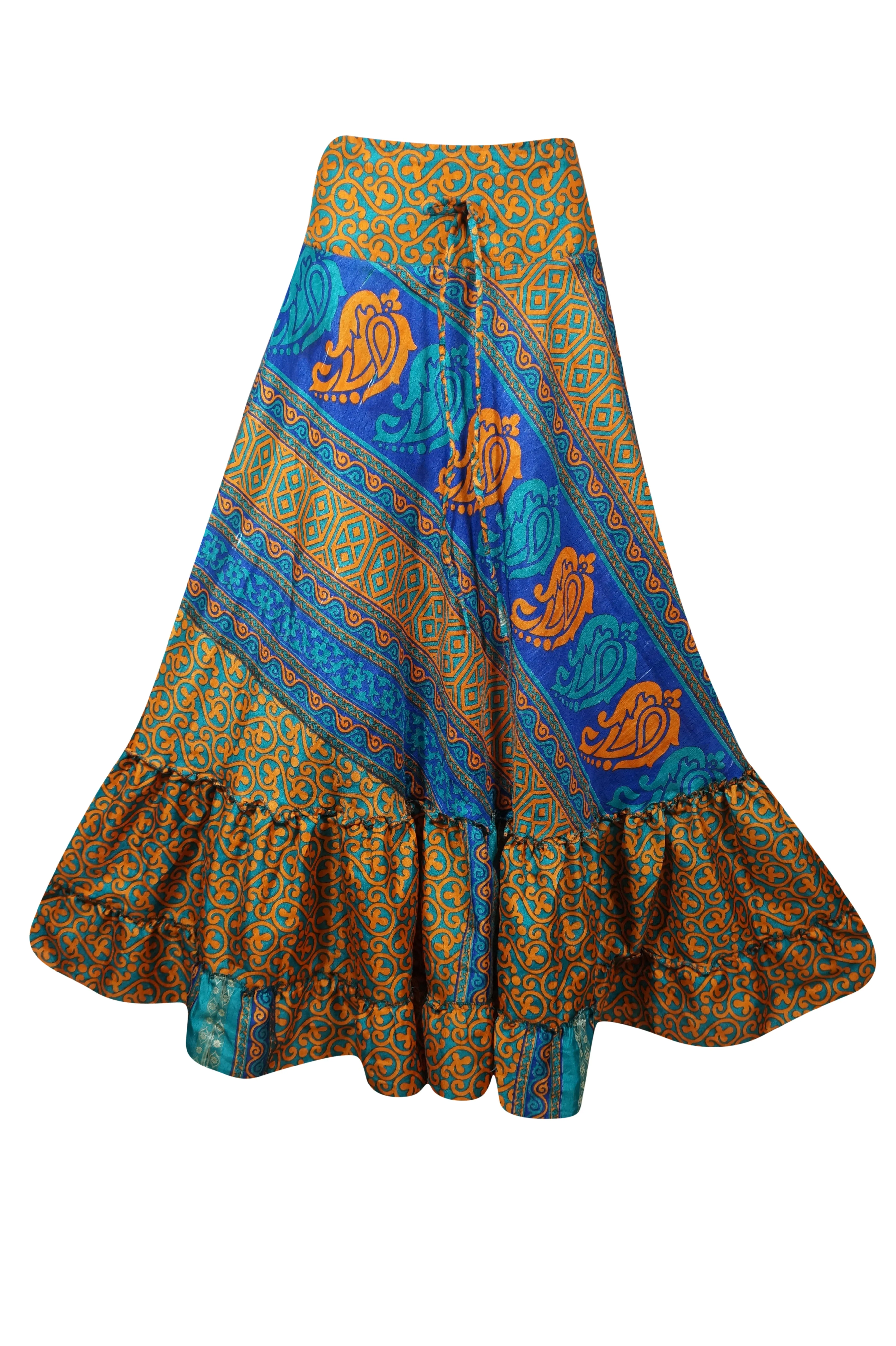 Flowy Skirts for Women Orange Floral Beach Maxi Skirt Tiered Ruffle Boho Skirt ML