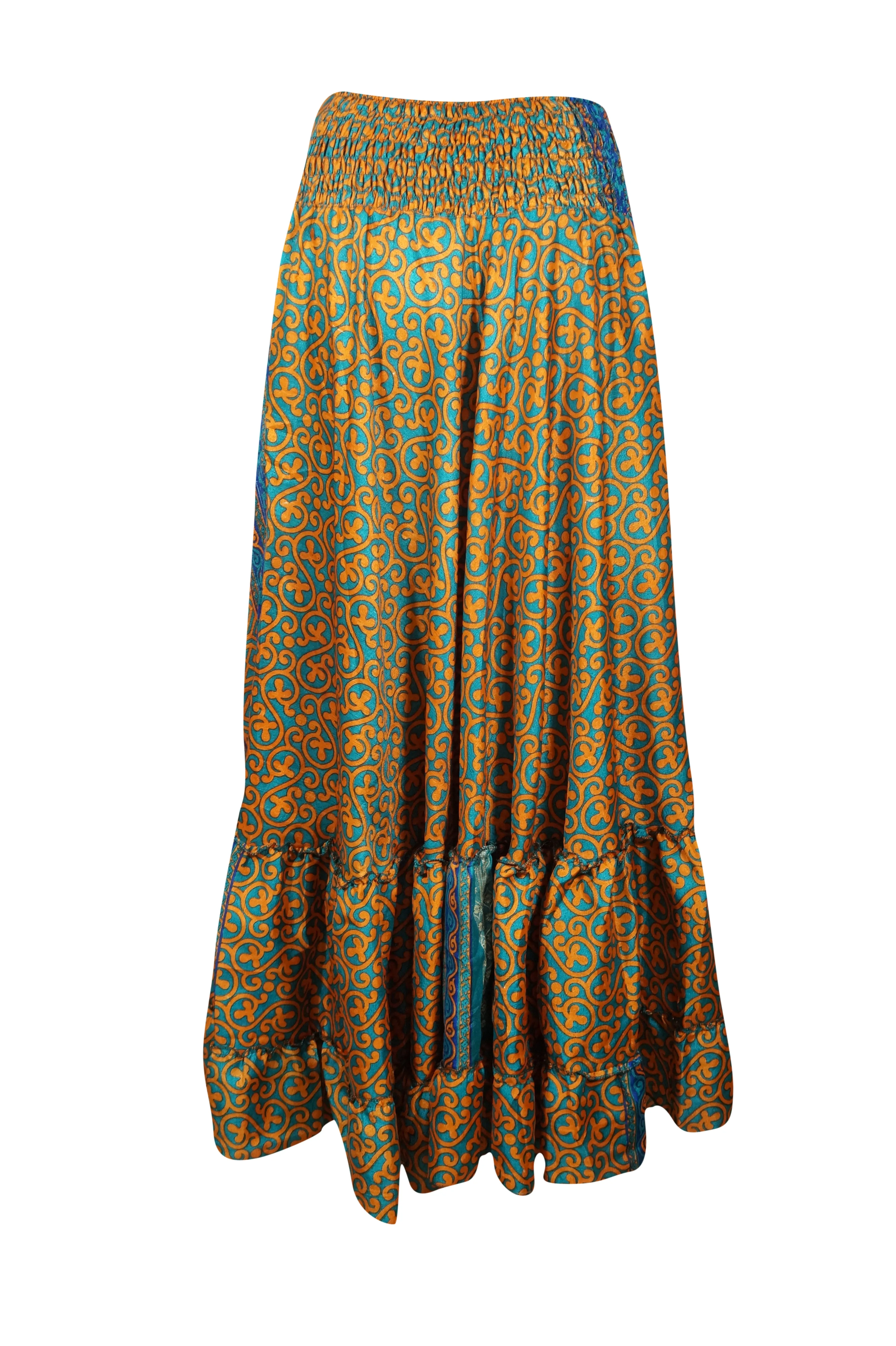 Flowy Skirts for Women Orange Floral Beach Maxi Skirt Tiered Ruffle Boho Skirt ML