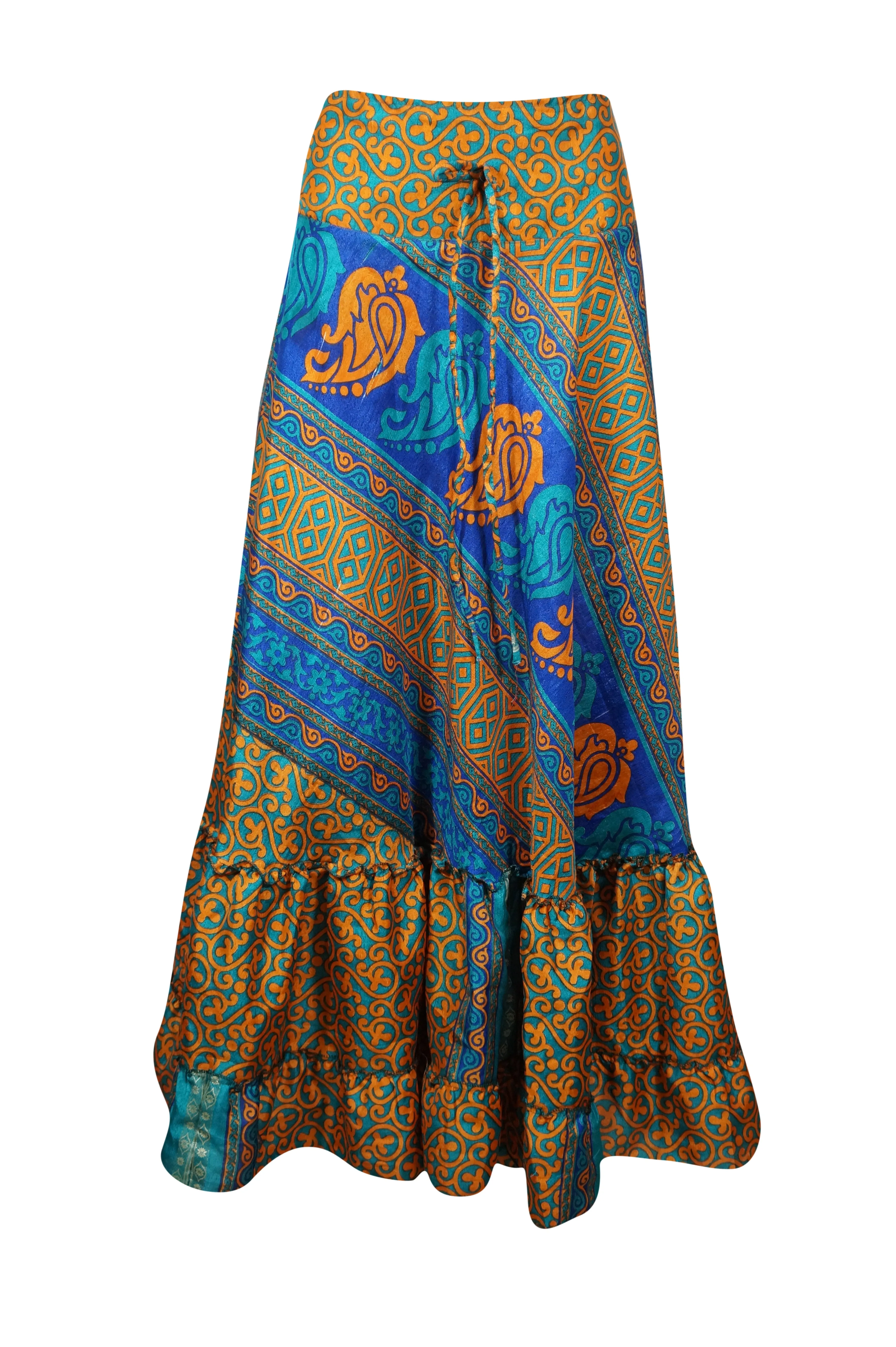 Flowy Skirts for Women Orange Floral Beach Maxi Skirt Tiered Ruffle Boho Skirt ML