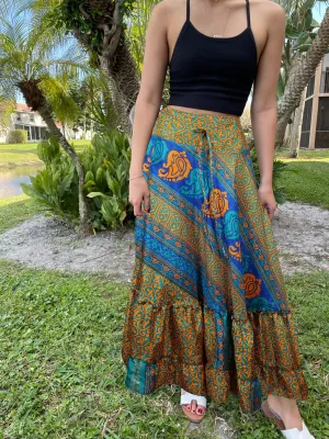 Flowy Skirts for Women Orange Floral Beach Maxi Skirt Tiered Ruffle Boho Skirt ML