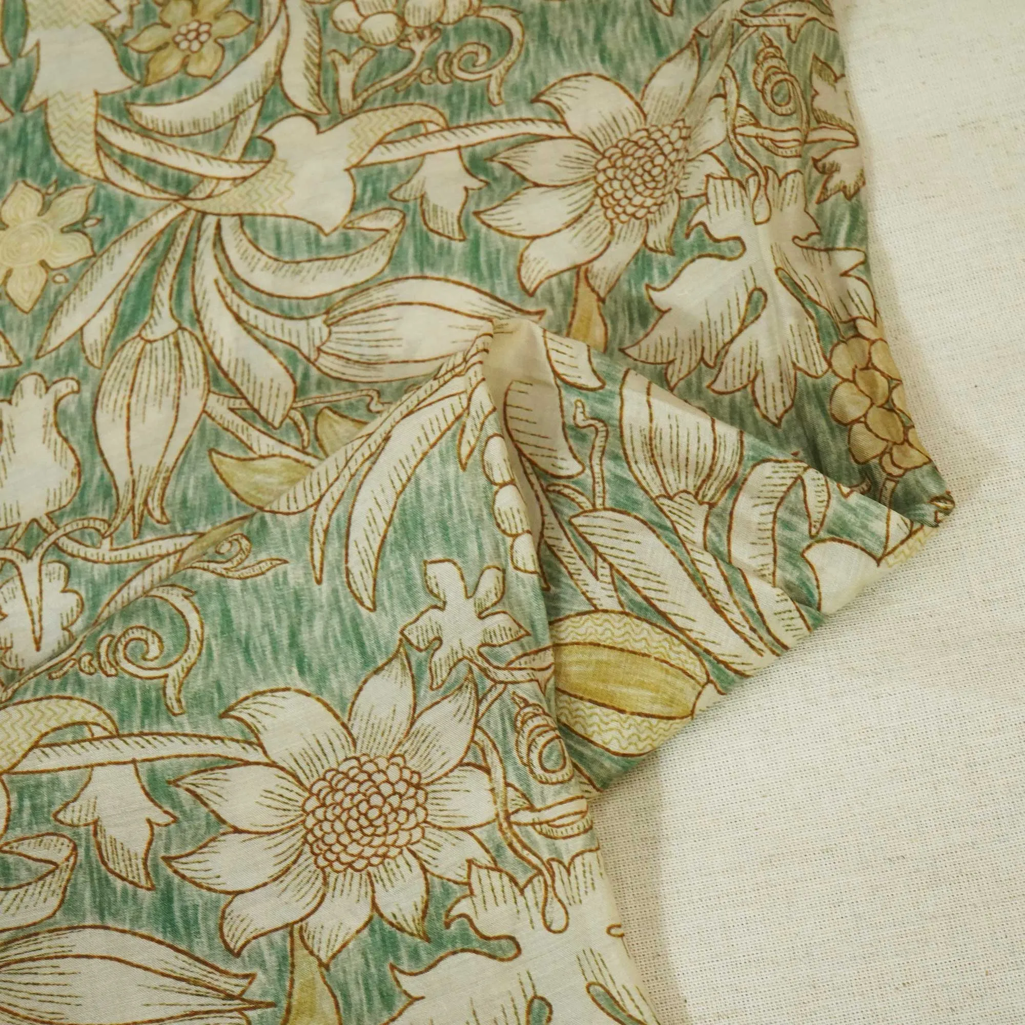 Green Handpainted Floral Print Muslin Fabric GT-24681