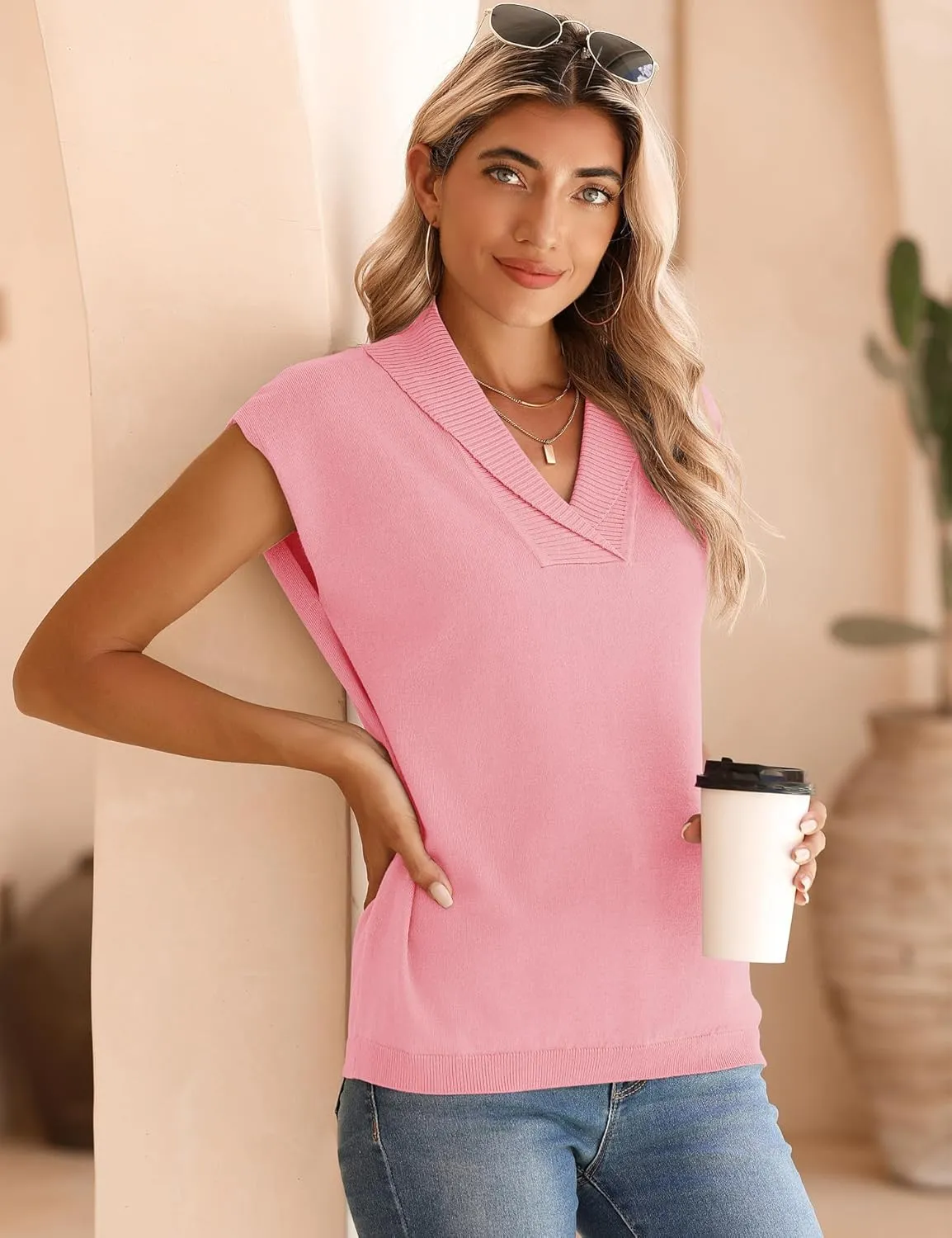 Ivicoer Sweater Vest Women V-Neck Knitted Pullover Short Cap Sleeve Collared Tops Dressy Casual 2025 Summer Fashion Trendy