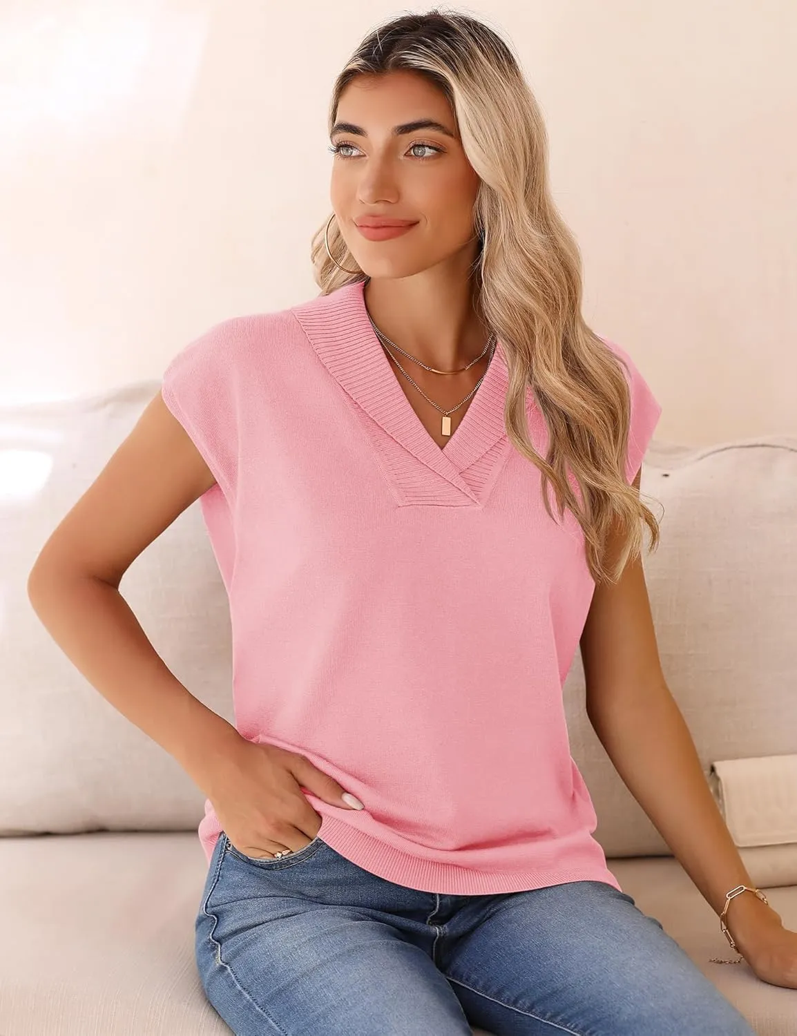 Ivicoer Sweater Vest Women V-Neck Knitted Pullover Short Cap Sleeve Collared Tops Dressy Casual 2025 Summer Fashion Trendy