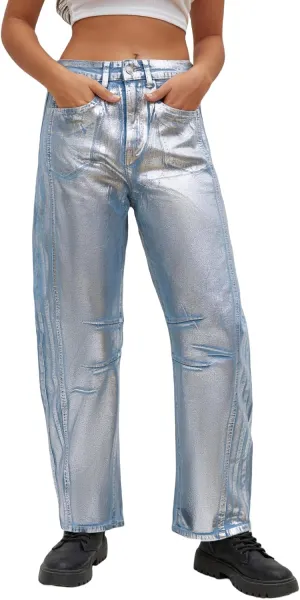 Kedera Women's Shiny Metallic Barrel Jeans - Straight Wide Leg Glitter Denim Pants - Y2K Disco Horseshoe Trousers