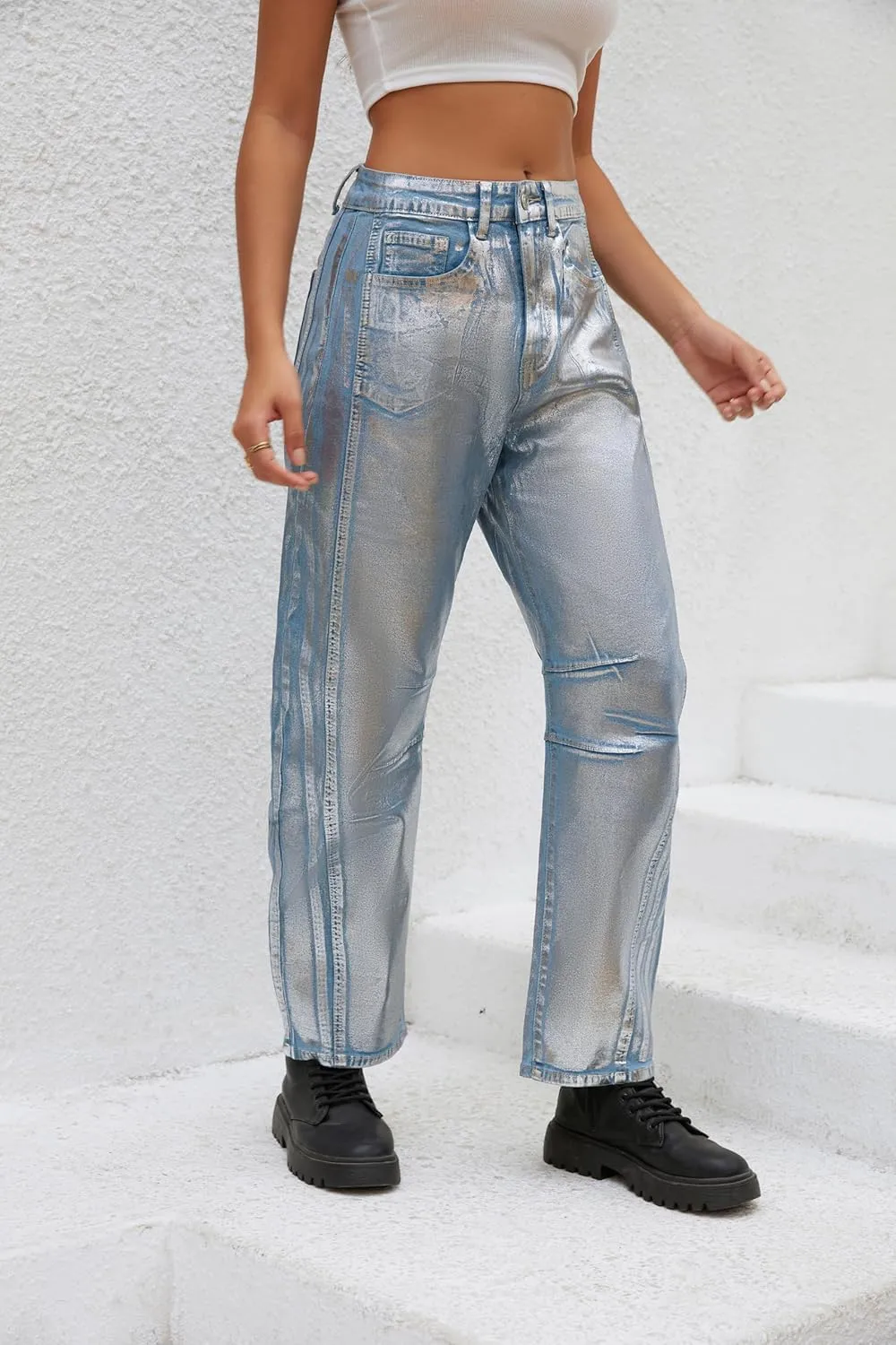 Kedera Women's Shiny Metallic Barrel Jeans - Straight Wide Leg Glitter Denim Pants - Y2K Disco Horseshoe Trousers