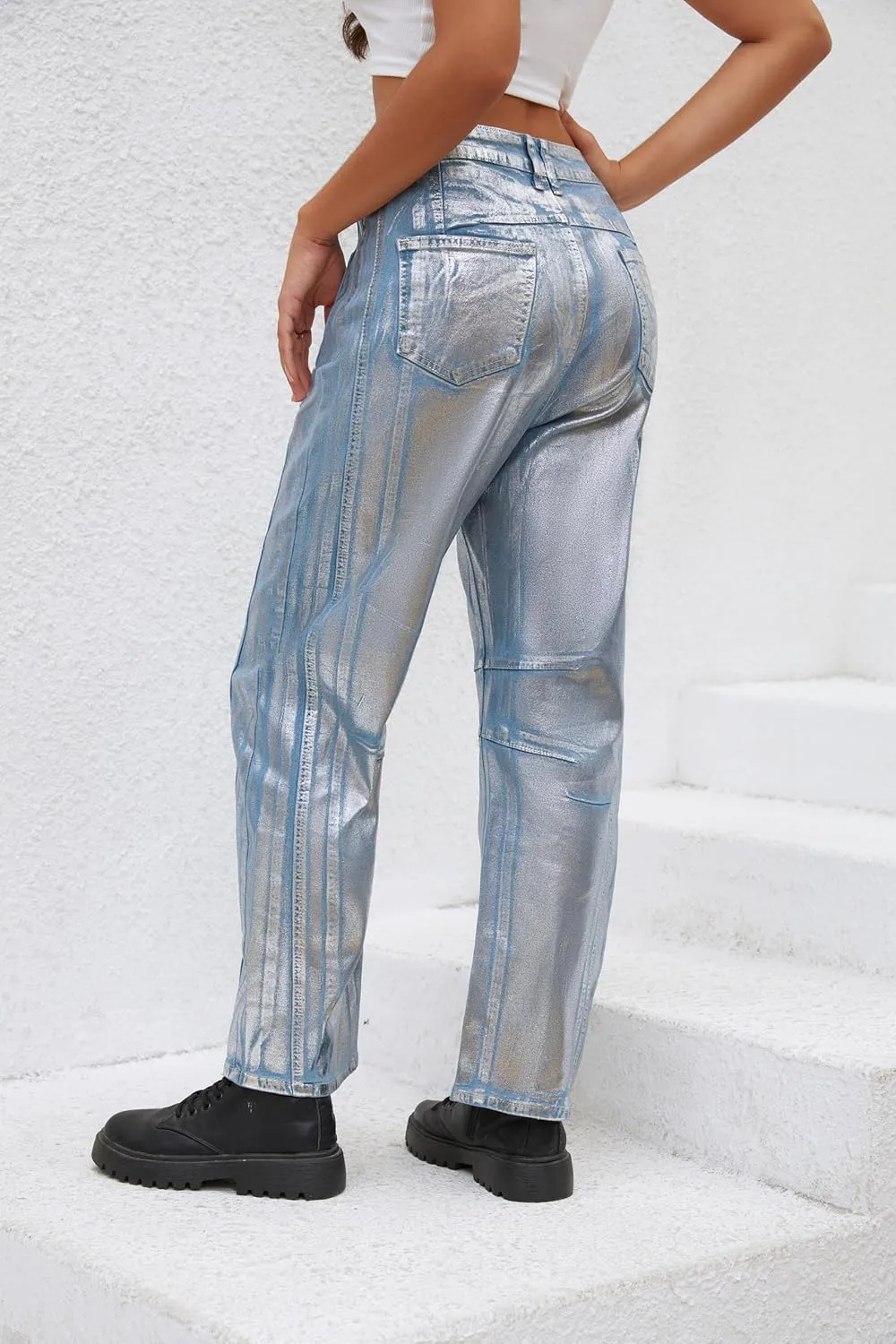 Kedera Women's Shiny Metallic Barrel Jeans - Straight Wide Leg Glitter Denim Pants - Y2K Disco Horseshoe Trousers